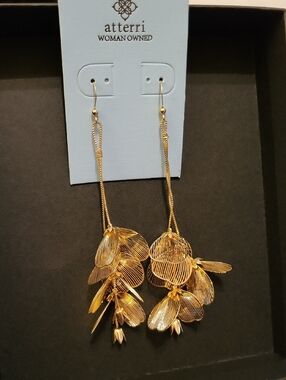 Atterri Gold Leaf Cluster Long Drop Earrings  Te